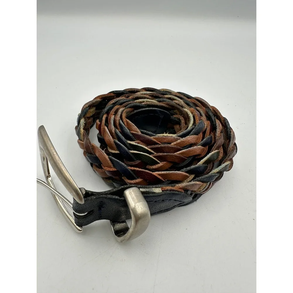 Vintage Braided Leather Belt XL Multicolor Brown Navy Western Boho Casual Silver
